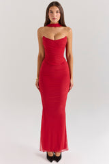 Cassidy Holly Red Mesh Maxi Skirt with Fluted Hem