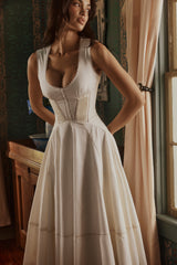 Solana White Cotton Waist Cinch Midi Sundress