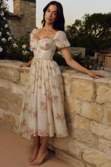 Penelope Ivory Vintage Rose Print Chiffon Midi Dress