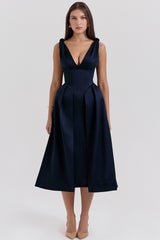 Paloma Midnight Twist Strap Satin Midi Dress