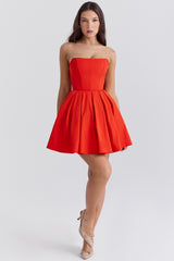 Emmanuela Italian Tomato Strapless Pleated Mini Dress