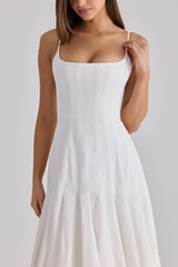 Vionne White Pleated Cotton Godet Midi Dress