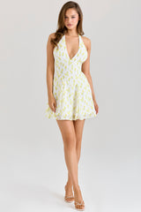 Iris Lemon Floral Print Georgette Halter Neck Mini Dress