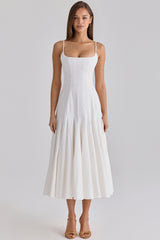 Vionne White Pleated Cotton Godet Midi Dress