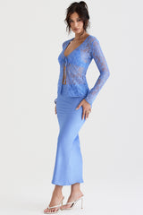 Clara Blue Satin Bias Cut Midi Skirt