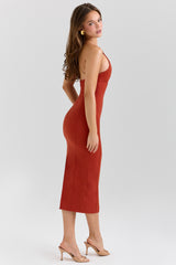 Ria Terracotta Stretch Cotton Fitted Midi Dress