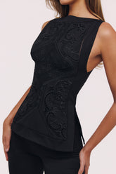 Valencia Black Cotton Placement Lace Broderie Anglaise Boat Neck Top
