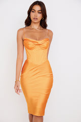 Myrna Tangerine Satin Corset Midi Dress