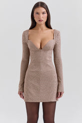 Angelie Brown Puppytooth Check Plunge Mini Dress