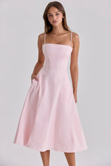 Dolly Pink Sateen Cotton Flared Midi Sundress