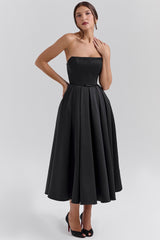Contessa Black Strapless Satin Corset Midi Dress