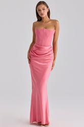 Persephone Raspberry Satin + Crepe Strapless Corset Maxi Dress