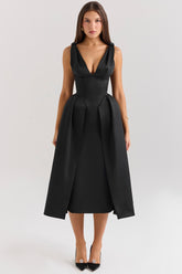 Paloma Black Satin Twist Strap Midi Dress