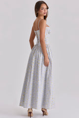 Rona Blue Wildflower Print Cotton Lace Up Maxi Dress