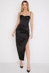 Flora Black Satin Pleated Corset Midi Dress