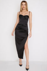 Flora Black Satin Pleated Corset Midi Dress