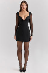 Angelie Black Stretch Crepe Plunge Mini Dress