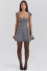 Cheri French Grey Fitted Mini Dress with Voluminous Skirt