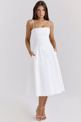 Dolly White Stretch Cotton A-Line Midi Sundress