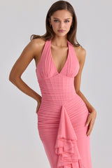 Carmine Raspberry Mesh Halter Neck Waterfall Maxi Dress