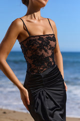 Eliette Black Embellished Lace + Satin Maxi Dress