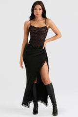 Ruby Black Satin Lace Trim Midi Skirt