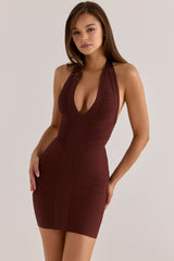 The Plunge Burnt Sugar Deep V Halter Mini Bandage Dress