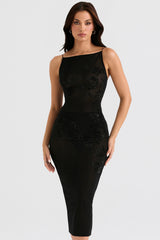 Amirah Black Mesh Crystal Embellished Midi Dress