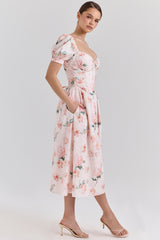 Lulabell Peach Floral Cotton Puff Sleeve Midi Dress