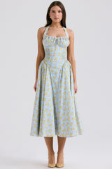 Adabella Soft Blue Vintage Floral Print Cotton Halter Sundress