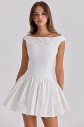 Lauren White Cotton Broderie Anglaise Boat Neck Mini Dress