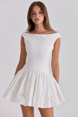 Lauren White Cotton Broderie Anglaise Boat Neck Mini Dress