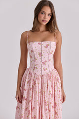Ysabella Pink Vintage Rose Print Cotton Midi Sundress
