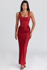 Kira Red Satin Corset Maxi Dress