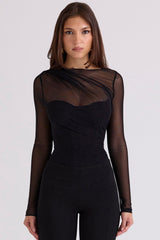 Orelia Black Draped Mesh Bodysuit