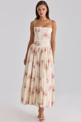 Ysabella Ivory Vintage Rose Print Cotton Midi Sundress
