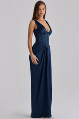 Angeline Navy Satin Corset Maxi Dress