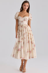 Penelope Ivory Vintage Rose Print Chiffon Midi Dress
