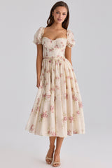 Penelope Ivory Vintage Rose Print Chiffon Midi Dress