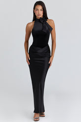 Beau Black Satin Draped Maxi Skirt