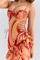 Lumira Sunset Swirl Print Ruffle Cut Out Maxi Dress