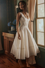 Solana White Cotton Waist Cinch Midi Sundress