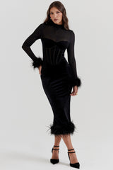 Lianna Black Velvet Midi Dress