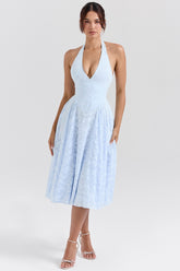 Arietta Bluebell Floral Jacquard Halter Midi Dress