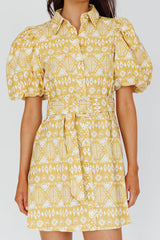 Nanette Puff Sleeve Belted Mini Dress Print Yellow
