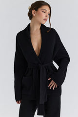 Madison Black Pure Wool Draped Front Cardigan