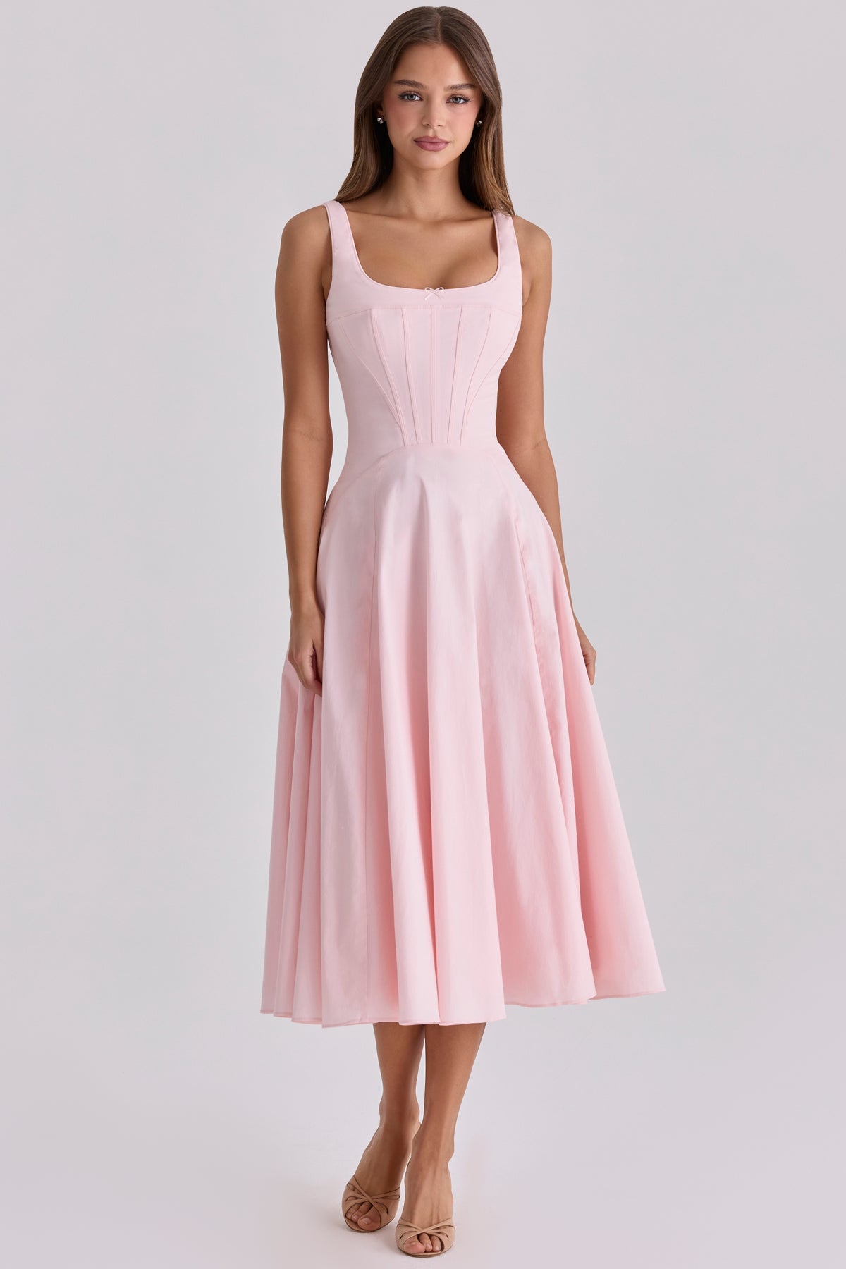 Jaime Pink Cotton Lace Up Midi Sundress