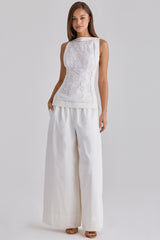 Valencia White Cotton Placement Lace Broderie Anglais Boat Neck Top
