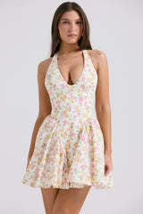 Valentia Ivory Meadow Print Cotton Halter Mini Dress