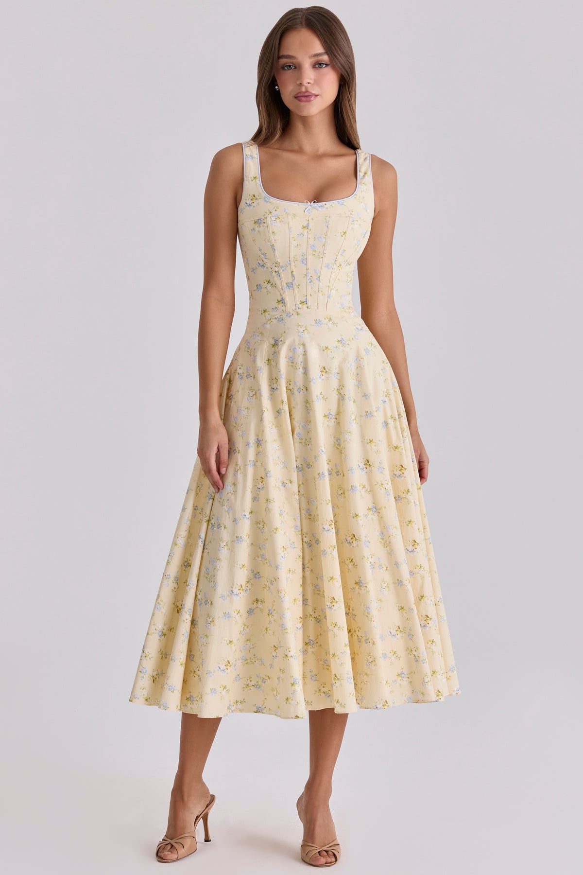 Jaime Lemon Floral Print Cotton Lace Up Midi Sundress